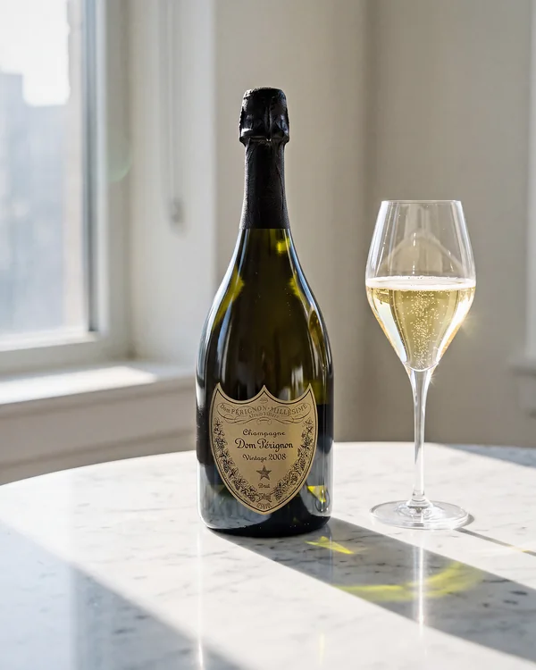 Dom Pérignon Vintage 2008 og et glas champagne på et marmorbord i morgensol