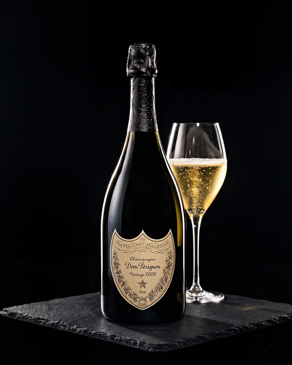 Dom Pérignon Vintage 2008 på sort skifer med et glas champagne
